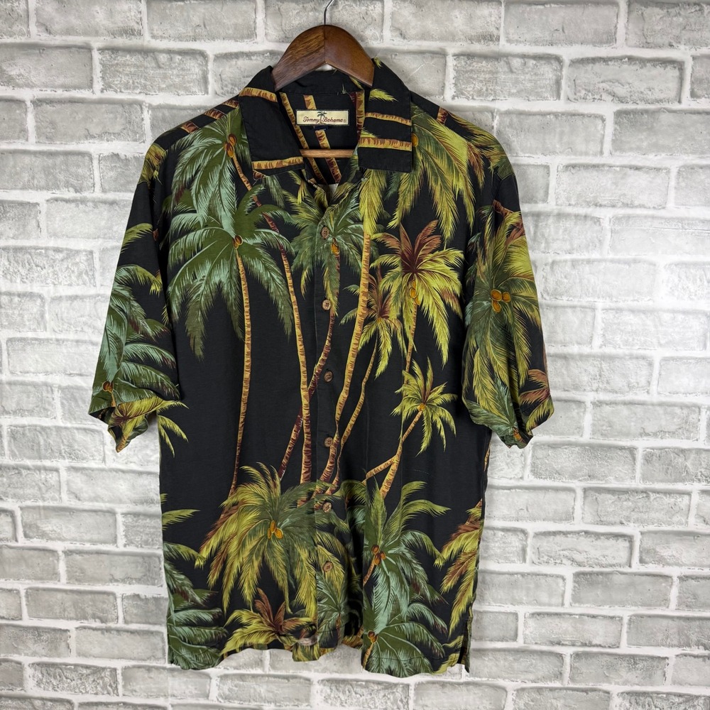 Tommy Bahama MEDIUM Silk Palm Tree Camp Shirt Black Green Tropical Button Down M - Picture 2 of 6